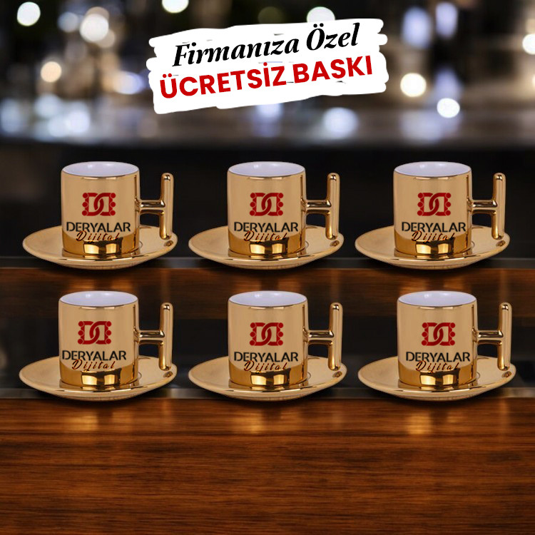 6'lı set Gold Kahve Fincanı Firmaya Özel Logo Baskılı - 12 Parça