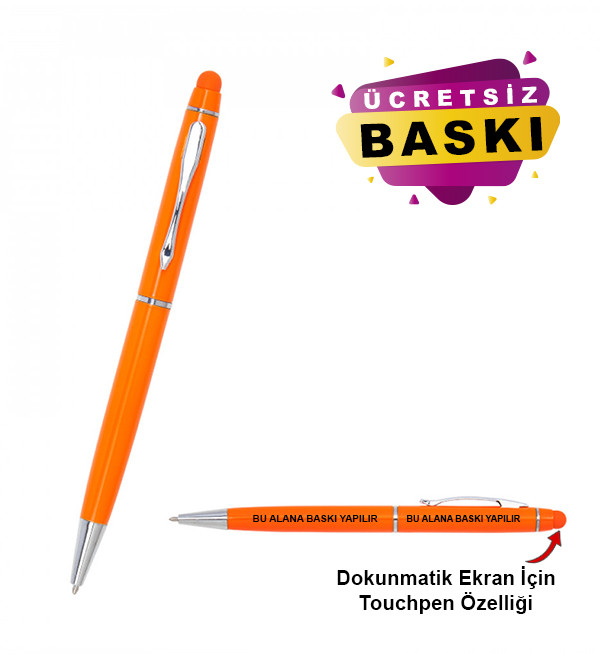 Turuncu Renk Metal Tükenmez Touchpen Promosyon Kalem 1022 Model