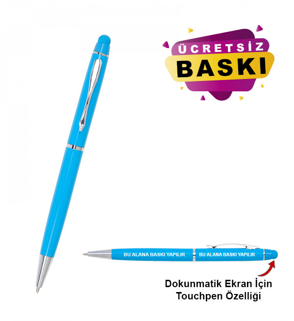 Turkuaz Renk Metal Tükenmez Touchpen Promosyon Kalem 1022 Model
